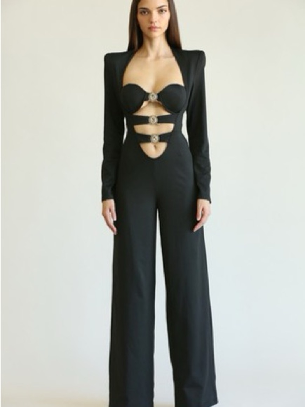 New Ladies Structured Cutout Black Jumpsuit with Decorative Buckles
